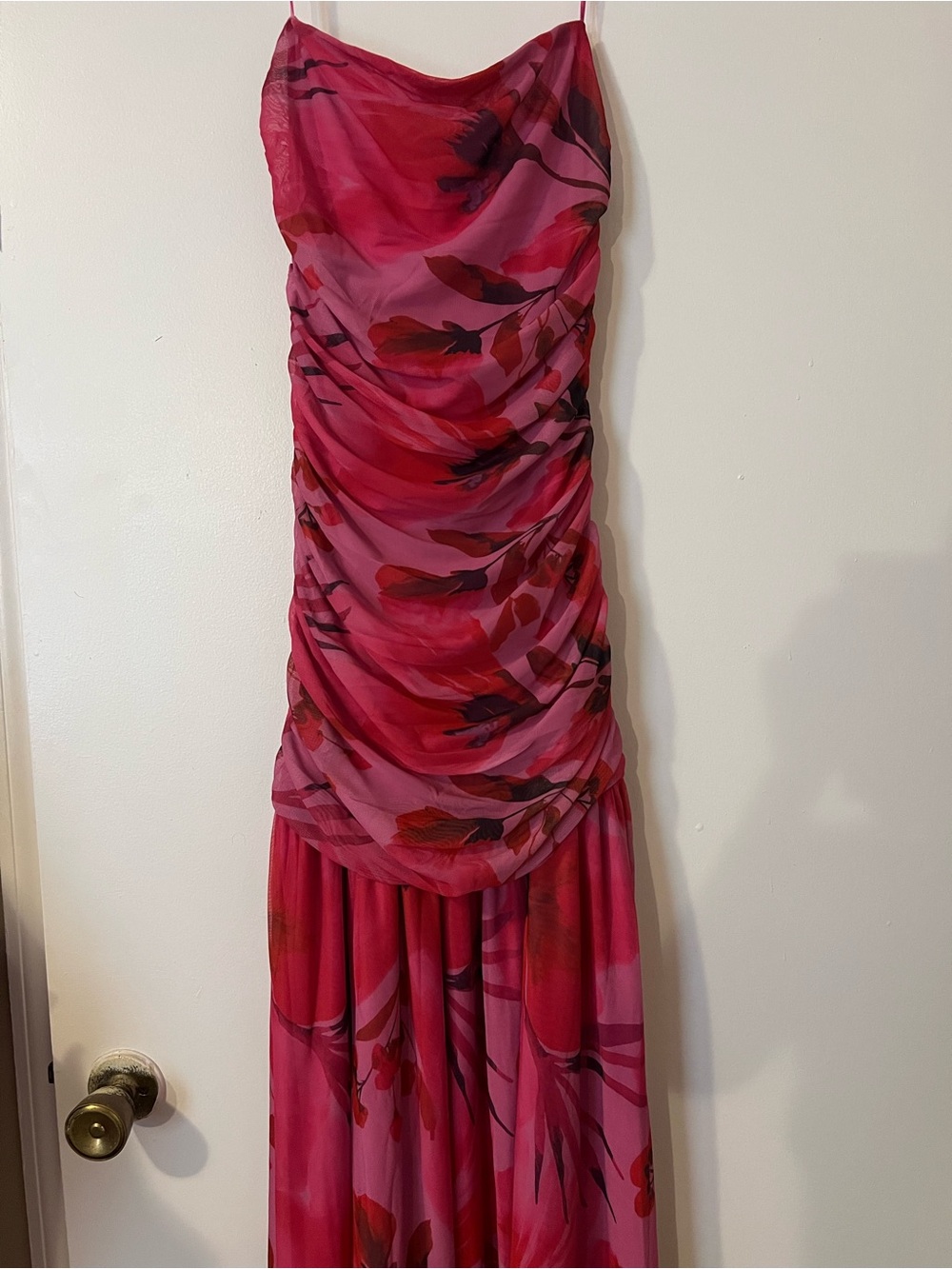 Strapless Hot Pink Floral Ruched Maxi Dress